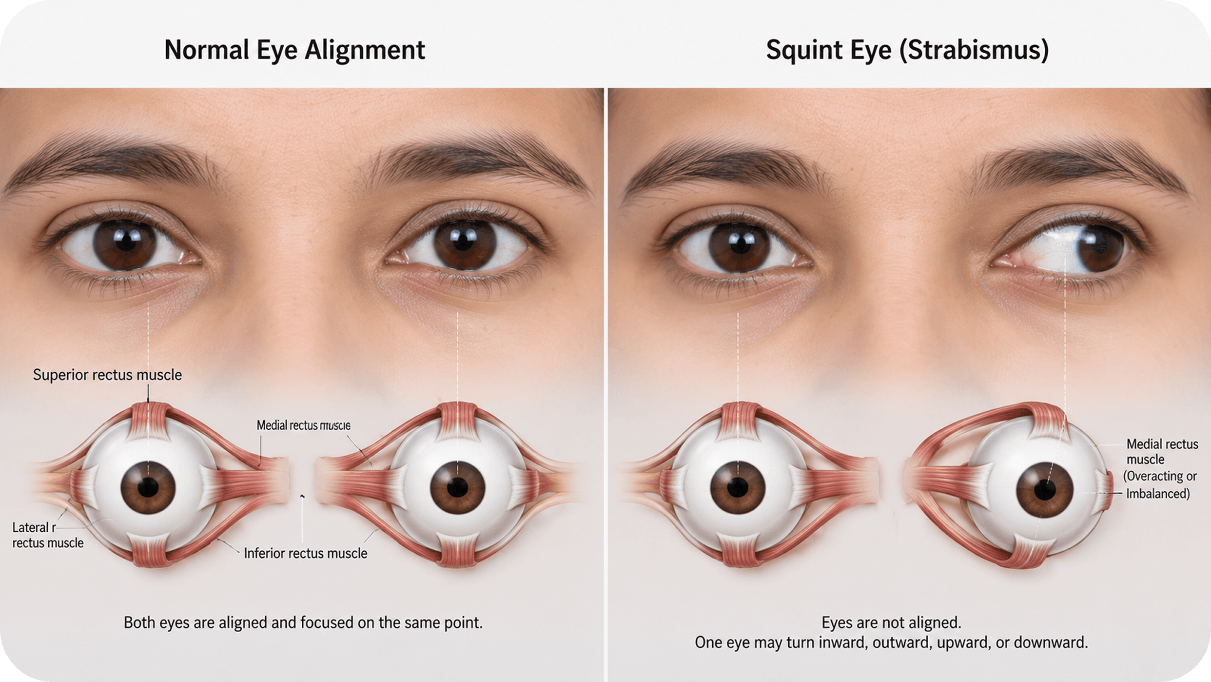 Normal eye alignment and squint eye comparison